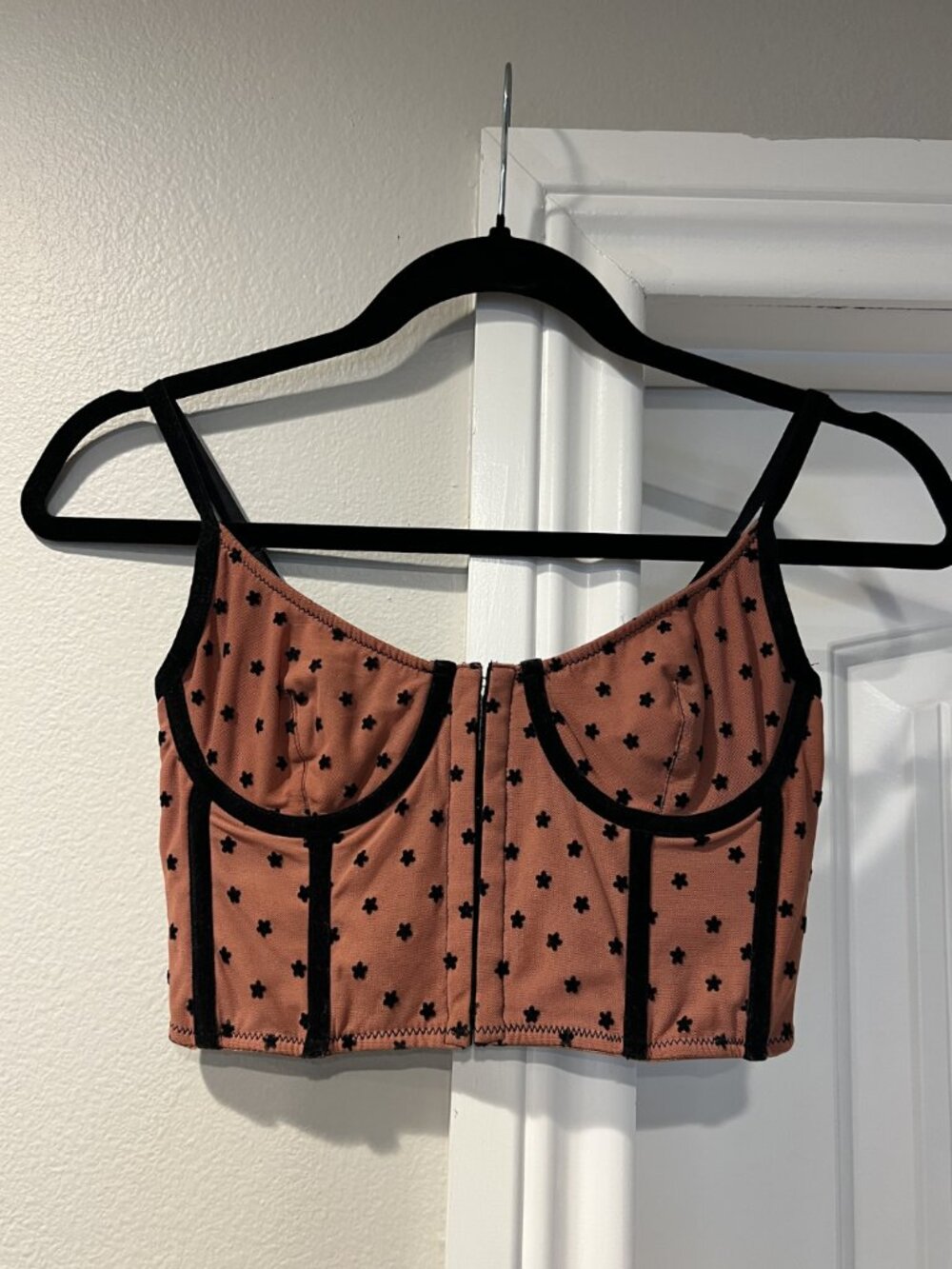 Urban Outfitters Mesh Polka Dot Corset Crop Top Black Pink Size S